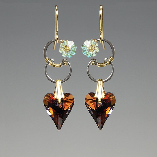 Pasithee II v8: Bold rose volcano crystal industrial earrings