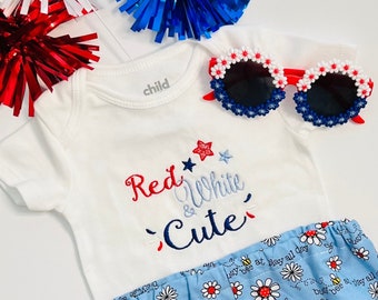 Baby 4th of July Outfit: Embroidered Bodysuit, Custom made Gingham Shorts or Bloomers
