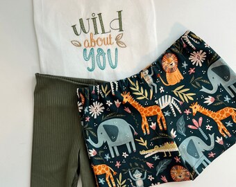 Embroidered boy shirt, White embroidered Onesie®, Boy zoo outfit, Zoo animal boy shorts, Baby shower gift set, Custom made embroidery outfit