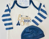 Embroidered Baby Boy Romper: "Brave Little One" Blue & White Outfit