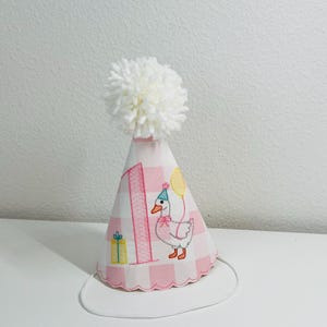 Silly Goose Birthday Hat for Child&#39;s 1st Birthday Party Decor Embroidered on large pink gingham fabrics