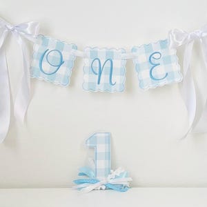 Custom Number Birthday Cake Topper with Ribbon Embroidered Fabric Party Decor  for Child&#39;s 1st Party Decor in Blue Gingham Plaid Fabric