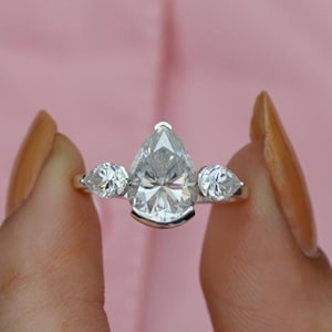 3.70 Ctw Pear Cut Lab Grown Diamond Ring, Three Stone Wedding Ring, CVD Diamond IGI Certified Diamond Ring, Half Bezel Set Engagement Ring