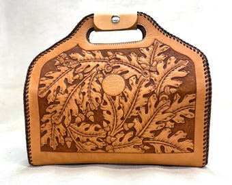 Hand Tooled "Oak & Acorn" Handbag. The "Butterfield Stagecoach Bag", #40, Made in Texas, USA