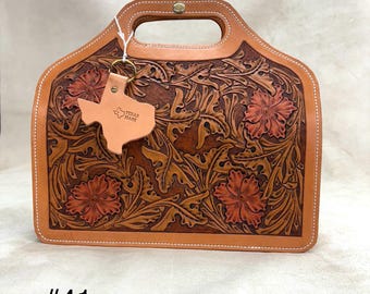 Hand Tooled and Dyed "Floral & Vine" Handbag. "Butterfield Stagecoach Bag", #41, Made in Texas