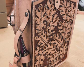 Hand Tooled "Oak & Acorn" Leather Wine Tote. 2-Bottle, Shoulder Strap, #51, Made in Texas, USA