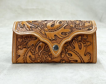 Hand Tooled, "Oak & Acorn" Clutch Wallet, #60, Made in Texas, USA