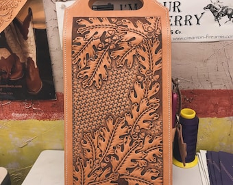Hand Tooled "Oak & Acorn" Leather Wine Tote. 2-Bottle, #52, Made in Texas, USA
