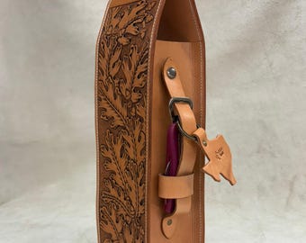 Hand Tooled "Oak & Acorn" Leather Wine Tote. Single Bottle, #50, Made in Texas, USA