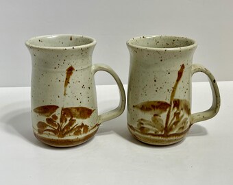 Vintage Speckled Stoneware Mugs: Rustic Floral Coffee Tea Set
