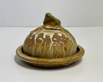 Studio Art Pottery Stoneware Rustic Covered Butter Cheese Dome Drip Glaze Signed