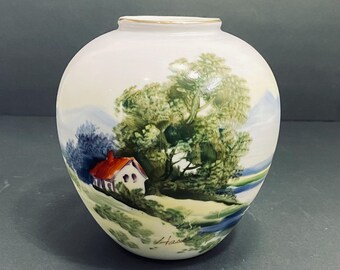 Vintage Japanese Hand Painted Vase Country Scene Farmhouse Lakeside Swans Artist Signed Hase 6”