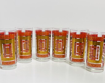 Vintage Libbey Hollywood Regency Gold Gilt And Red HighBall Glasses Set Of 6