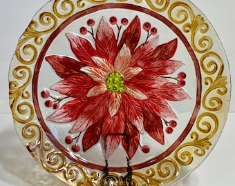 Fused Glass Hand Painted Poinsettia Christmas Holiday Serving Plate Tray 11.5”