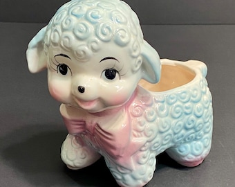 Vintage Rubens Anthropomorphic Curly Baby Lamb Ceramic Planter - Pink/Blue Japan