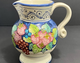 Vintage Italian Ceramic Pottery Pitcher Jug Vase Hand Painted Floral Fruit Decorative