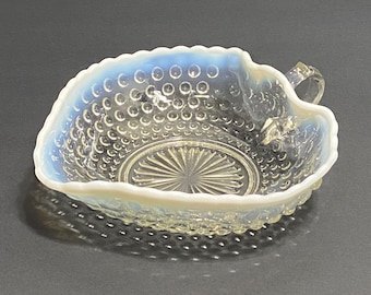 Vintage Anchor Hocking Moonstone Opalescent Hobnail Heart Shaped Candy Dish With Handle