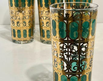 MCM Culver Emerald Green 22K Gold Scroll Highball Glasses - Set of 7