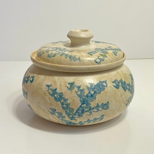 Peut inclure: Un pot en céramique blanche avec un couvercle, décoré d'un motif floral bleu et blanc. Le pot a un corps rond et un bord légèrement évasé.