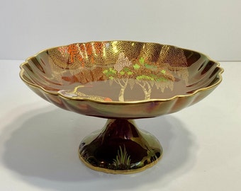 Carlton Ware Rouge Royale Pedestal Dish: Hand-Painted Crane & Willow Tree, Art Deco