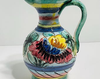 Vintage Italian Majolica Hand Painted Pottery Floral Pitcher