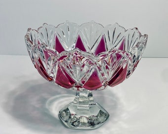 Vintage Walther Glas Ruby Saturn Cut Glass Compote Bowl: Geometric Pedestal Centerpiece