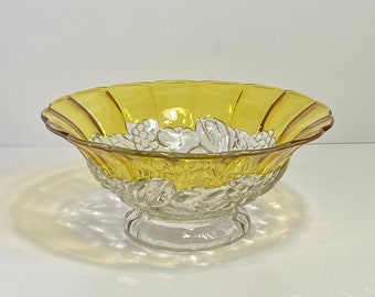 Vintage Yellow And Clear Heavy Glass Pedestal Centerpiece Bowl Compote With Raised Fruit Design