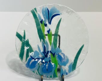 Vintage Peggy Karr Blue Iris Fused Glass Ruffled Trinket Dish Artist Signed 1989