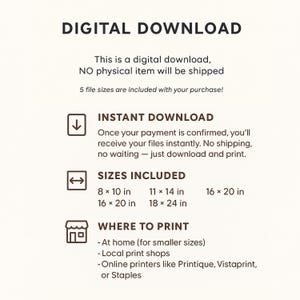 Puede incluir: Una hoja informativa de descarga digital blanca con texto negro. El texto incluye "DESCARGA DIGITAL", "DESCARGA INSTANT&Aacute;NEA", "TAMA&Ntilde;OS INCLUIDOS" con medidas en pulgadas y "D&Oacute;NDE IMPRIMIR".