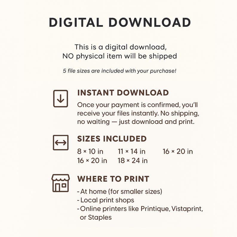 Puede incluir: Una hoja informativa de descarga digital blanca con texto negro. El texto incluye "DESCARGA DIGITAL", "DESCARGA INSTANT&Aacute;NEA", "TAMA&Ntilde;OS INCLUIDOS" con medidas en pulgadas y "D&Oacute;NDE IMPRIMIR".