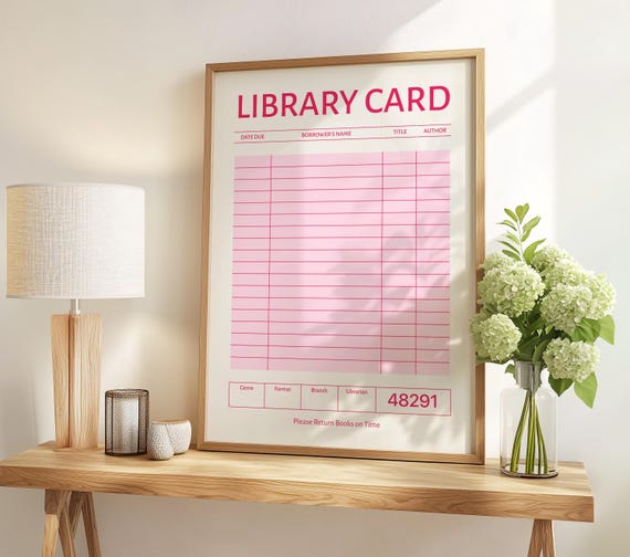 Library Card Wall Art Printable – Pink Vintage Library Poster, Minimalist Book Lover Decor, Retro Reading Room Art, Digital Download