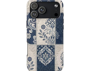 Funda para teléfono con estampado floral de retazos azules / Diseño de azulejos vintage