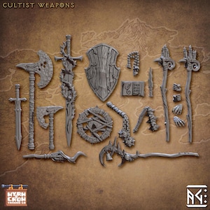 May include: A set of 16 miniature weapons and accessories for tabletop role-playing games. The set includes swords, axes, shields, staffs, and other items. The weapons are made of a grey plastic material and have a detailed design.