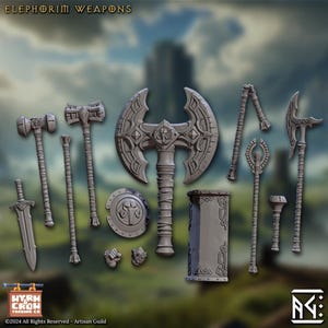 Elephorim Weapons Set – 10+ Resin Weapons | 30mm Scale Bits | Fantasy Conversion Kit for RPG & Wargame Models