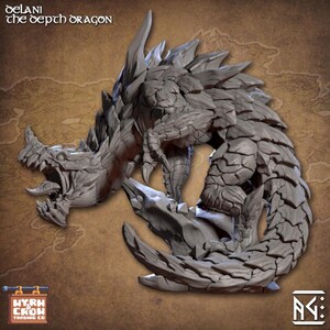 May include: A detailed, gray dragon figurine with the text "DELANI the depth DRAGON" at the top. The dragon has a textured, scaled body, sharp claws, and an open mouth. The base of the figurine has the text "MYRH CROW TRADING CO."