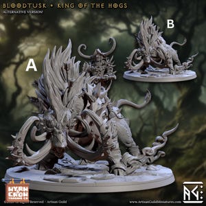 May include: A detailed, gray miniature of a fantasy creature, the Bloodtusk, with a rider. The model features intricate details, including tusks, armor, and a textured base. The text "BLOODTUSK + KING OF THE HOGS" is visible at the top.