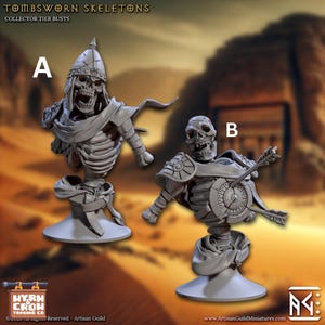 May include: Two gray, detailed skeleton busts labeled A and B. Bust A wears a helmet and armor, while bust B has a shield and an arrow through its chest. The busts are on pedestals, with a desert background. The text "TOMBSWORN SKELETONS" is at the top.