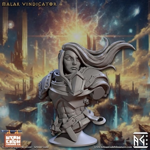 May include: A gray bust of a female warrior, titled "MALAK VINDICATOR." The sculpture features detailed armor, flowing hair, and a stern expression. The base has a circular design. The background shows a fantasy landscape with a bright light.
