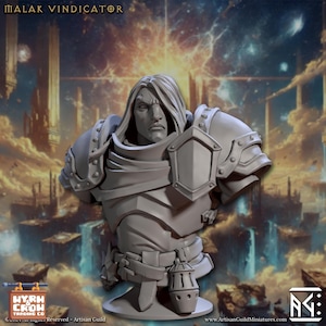 May include: A gray resin bust of a warrior, featuring detailed armor and a stern expression. The bust includes the text "MALAK VINDICATOR" at the top. The background is a fantasy landscape with a glowing light.