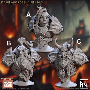 May include: Three detailed busts of fantasy characters. Bust A features a female warrior with a stern expression and armor. Bust B depicts a dwarf with a long beard. Bust C shows a horned warrior with braided hair. The text "MAGMAFORGED DUMLOKS" is at the top.
