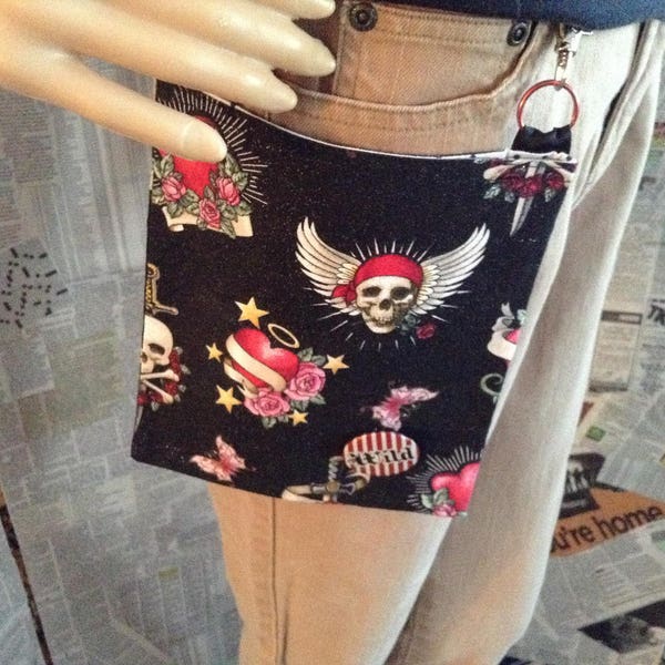 Hip Pocket,Feminine Skull  Rose and Heart Hip Bag,Teen Girl Gift,Gothic Hip Pocket,Waist Bag,Biker bag,Purse,Skull and Roses 2 Hip Pocket