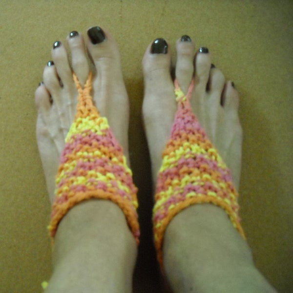 Barefoot Sandals/Hand Knit Barefoot Sandals/Foot Thong/Cruise Wear/Beach Wear/Yoga Sandals/Exercising Style/Citrus Punch Barefoot Sandals