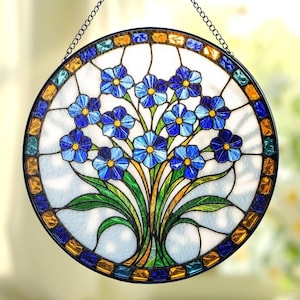 Forget-Me-Not Stained Glass Suncatcher, Flower Window Hanging Decor, Floral Sun Catcher, Nature Inspired Art, Botanical Glass Ornament