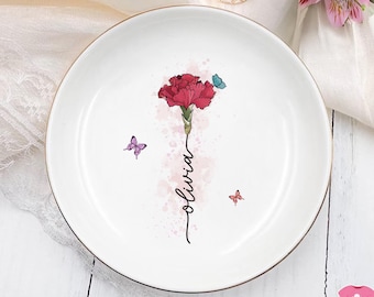 Custom Birth Flower Trinket Dish, Personalized Flower Ring Dish, Birthday Jewelry Dish Gift for Mom, Wedding Bridesmaid Gift, Gift For Her
