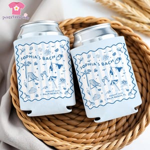 Enfriadores de latas para despedidas de soltera costeras, enfriadores de latas personalizados para despedidas de soltera en la playa, regalos para despedidas de soltera, decoraciones personalizadas para bodas en ubicaciones específicas.
