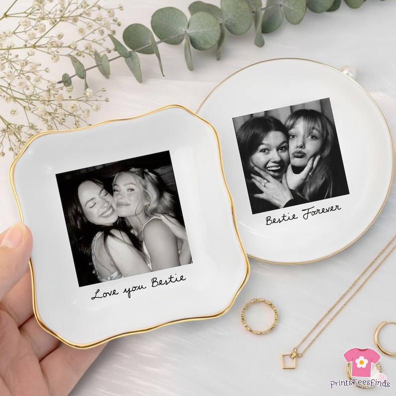 Personalized Bestie Photo Jewelry Dish: Ceramic Trinket Tray for Best Friend, Birthday Gifts For Bestie, Bridesmaid Proposal image 2