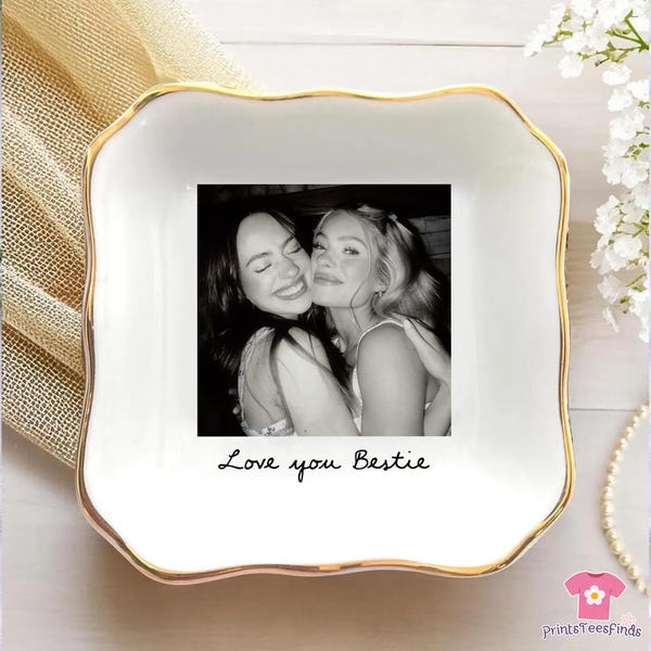 Personalized Bestie Photo Jewelry Dish: Ceramic Trinket Tray for Best Friend, Birthday Gifts For Bestie, Bridesmaid Proposal