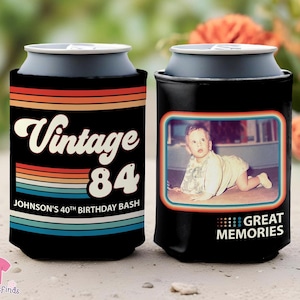 Custom Birthday Party Can Cooler, 40th Birthday Party Gifts, Funny Photo Birthday Can Cooler, Custom Vintage Party Decors, Birthday Favors