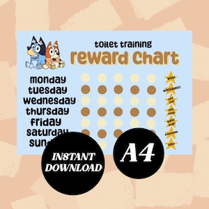 Puede incluir: Un cuadro de recompensas de entrenamiento para ir al baño de color azul claro con perros de dibujos animados. El cuadro incluye los días de la semana, espacios de recompensa y frases de ánimo. También están presentes las palabras "Descarga instantánea" y "A4".