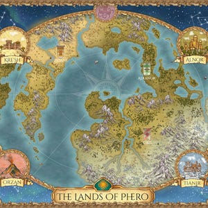 May include: A fantasy map titled The Lands of Phero featuring a central continent surrounded by blue oceans. The map includes labelled regions like Kre'sh, Alnor, Orzan, and Tianir, with decorative circular illustrations of castles, mountains, and wildlife.